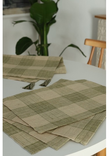 Yakacihome Juta Yeşil 5 Parça 4 Parça Amerikan Servis & 1 Parça Püsküllü Runner Jüt Kumaş Sofra Seti Yeşil