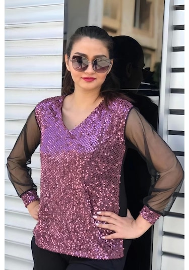 Pullu Kolları Tül Bluz Pembe