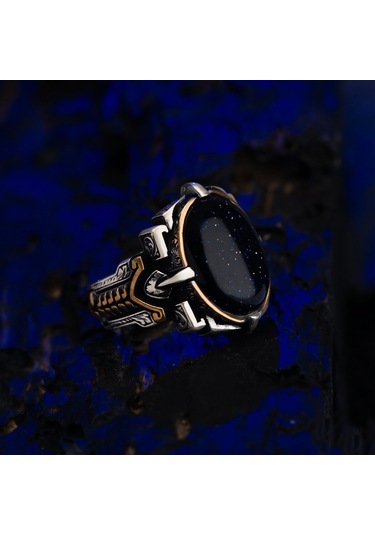 Mavi Yıldız Taşlı Tasarım 925 Ayar Gümüş Erkek Yüzük Gümüş