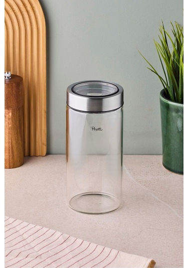 Cassetto 800 Ml Paslanmaz Çelik Kapaklı Borosilikat Cam Kavanoz 8.5x18 Cm Cam Cam