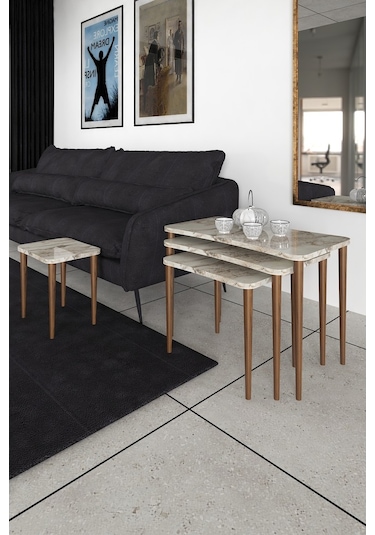 Selena 4Lü Zigon Sehpa Ahşap Ayaklı Salonseti Sehpası Beyaz Mermer