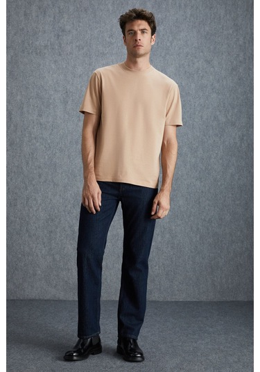 GRIMELANGE Solo Erkek %100 Organik Pamuklu Kalın Dokulu Comfort Fit Bisiklet Yakalı Bej T-shirt Bej