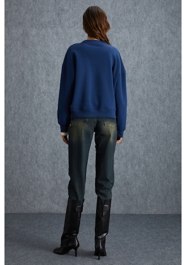 Vaneltına Kadın Içi Polarlı 3 Iplik Organik Pamuk Oversize Basic Bisiklet Yaka Lacivert Sweatshirt