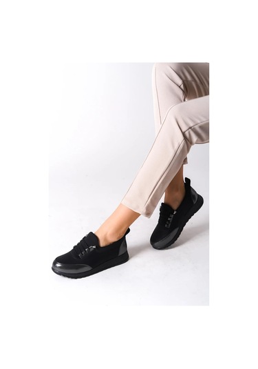 Kadın Galina Siyah Platın Bağcıklı Lastikli Ortopedik Rahat Taban Taş Detaylı Günlük Babet Anne Ayakkabısı-siyah Platin Siyah