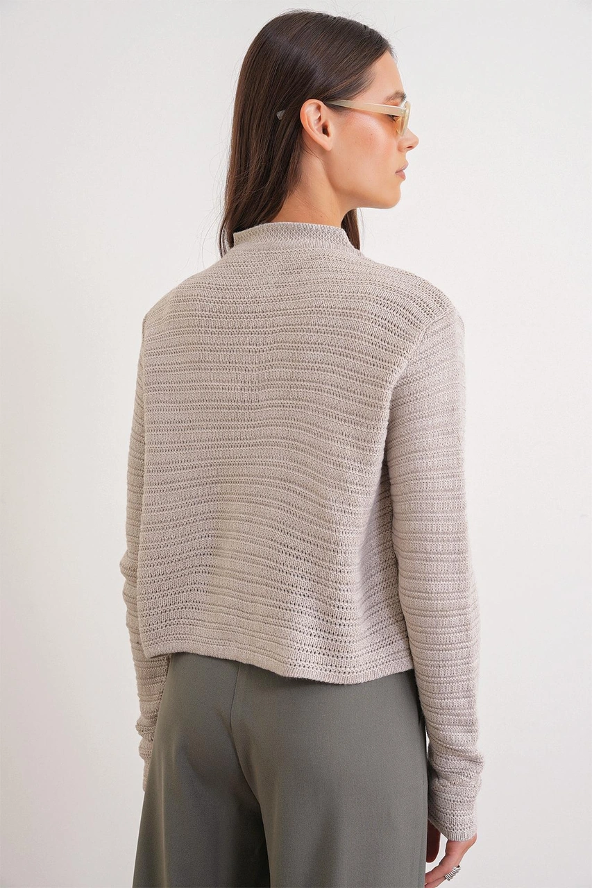 6778 Kadın Links Desenli Crop Triko Hırka Taş Taş