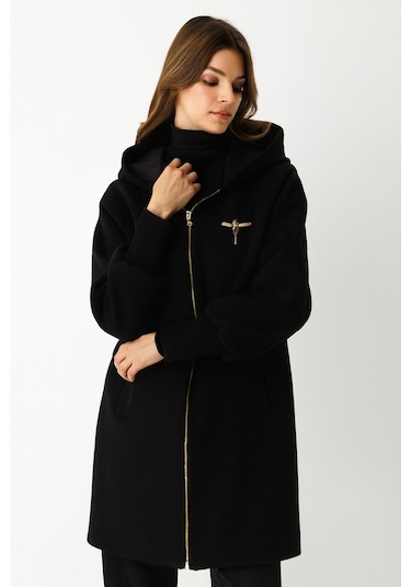 Fermuar Kapamalı Kapişonlu Kaban Siyah Siyah