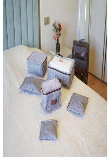 Deri Detaylı Gri 6'lı Set Bavul İçi Düzenleyici Organizer Valiz Düzenleyici Bebek Doğum Hurcu Gri