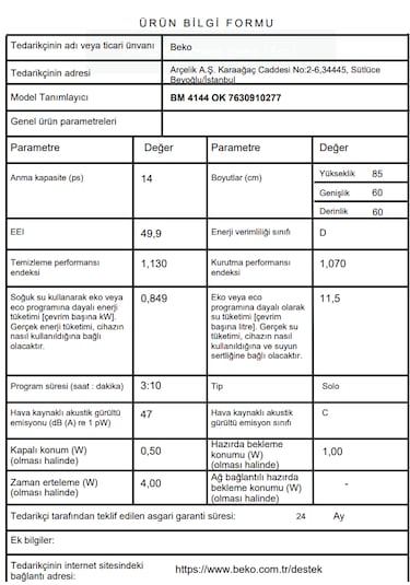 Beko BM 4144 OK 4 Programlı 14 Kişilik Bulaşık Makinesi