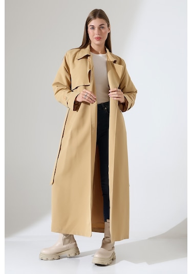 Amazon Keten Kumaş Uzun Boy Düğmeli Astarlı Yumuşak Dokulu Trenç Kot Camel CAMEL