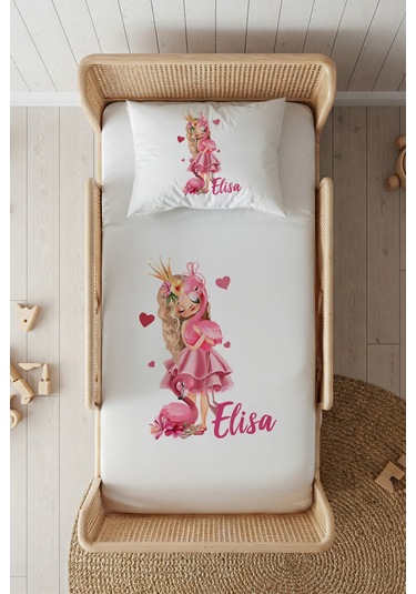 %100 Pamuk Saten İsme Özel İsimli 100x200 Tek Kişilik Lastikli Çarşaf Seti Flamingolu Kız Beyaz