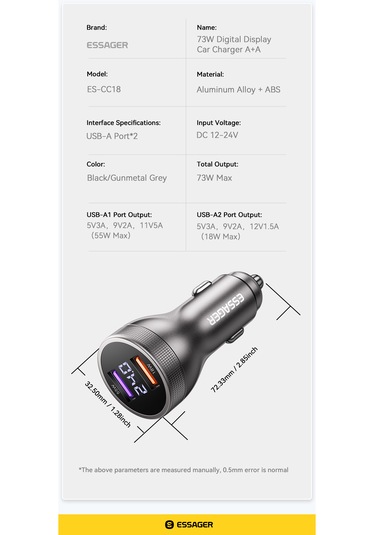73w Araç Şarjı Usb Çift Giriş Hızlı Pd Ce Lisanslı Dijital Led