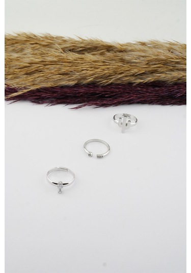 Kadın Özel Tasarım Ayarlanabilir Numarasız Zirkon Taşlı Kaktüs Figürlü 3'lü Kombin Yüzük Seti-3135 Gümüş