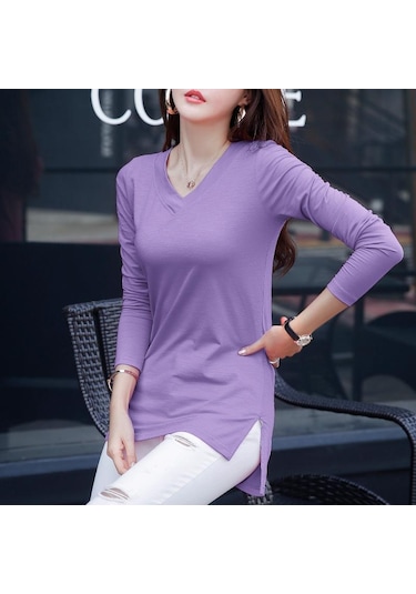 İlkbahar Ve Sonbahar Kadın Bluz Günlük V Yaka İnce İnce Orta Uzunlukta Dip Gömlek Uzun Kollu Üstler Mor