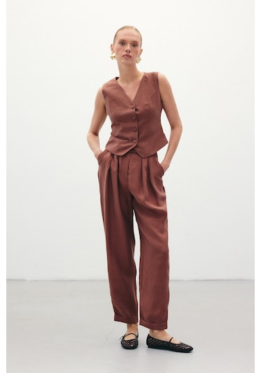 Sateen Salaş Keten Pantolon - Kahve-136266 Kahve