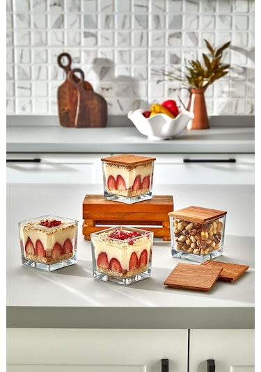 4'lü Ahşap Kapaklı Lüks Cam Tatlı Ve Magnolia Kasesi, Kare Dondurmalık Çerezlik Kase Seti Takımı - Puding Tatlı Cup Kase