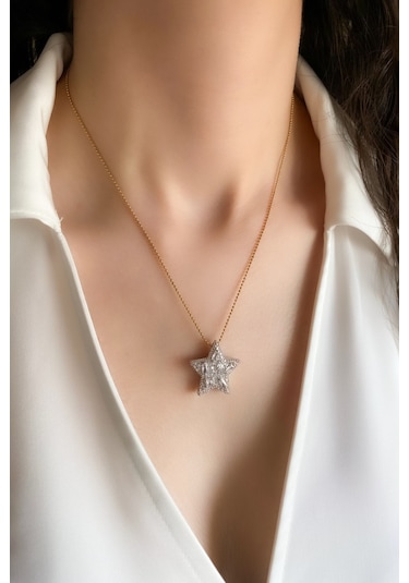 Kadın Çelik Kolye Boncuk Zincir Full Zirkon Balon Yıldız Kolye Altın