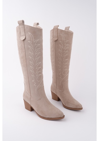 Muggo Texas Sivri Burun Nakışlı Kalın Topuklu Kadın Kovboy Western Çizme Bej Süet