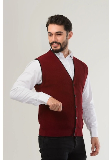 Kamalı Bordo Erkek V Yaka Triko Düğmeli Cepli Çizgi Desenli Regular Fit Tüylenmeyen Örgü Yelek Bordo