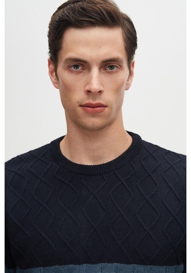 D's Damat Regular Fit Baklava Tüylenme Yapmayan Bisiklet Yaka Erkek Triko Kazak 3HC062ORTBKZK - Lacivert