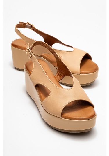 Brad Koyu Bej Cilt Hakiki Deri Dolgu Topuklu Kadın Sandalet Koyu Bej
