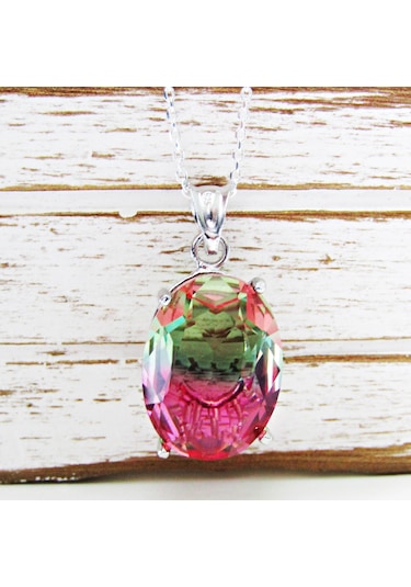 Lilahgümüştr Gümüş Turmalin Oval Taşlı Kadın Kolye