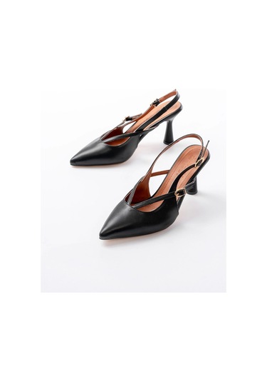 4962 Siyah Sivri Burun Tokalı Yuvarlak Topuk Kadın Sandalet Siyah