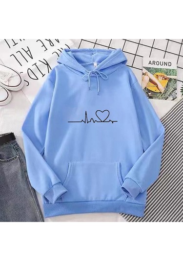 Açık Mavi 2023 Moda Sonbahar- Kış Yeni Peluş Baskı Gevşek Kapşonlu Açık Mavi