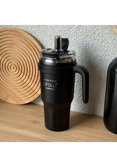 Arow Paslanmaz Çelik Tutmalı Termos Siyah 1 Litre Siyah