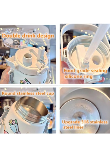 Dinosaurs 1l Sevimli Termos Paslanmaz Çelik Çift Içme Kabı Göbek Saman Su Şişesi-331 Altın