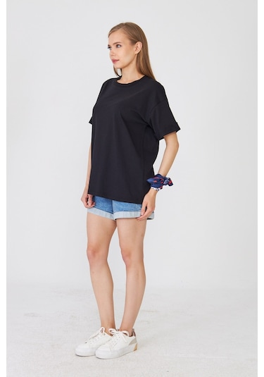 Hdm Kadın Siyah Basic Oversize %100 Pamuklu Rahat Kesim Günlük Tişört - H6041