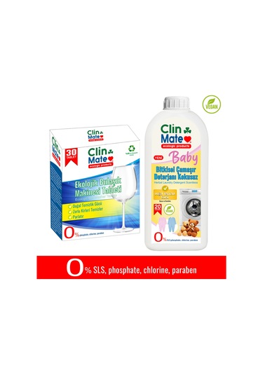 Clinmate Ekolojik Bulaşık Makinesi Deterjanı 30 Tablet + Bitkisel Bebek Çamaşır Deterjanı 750 ML