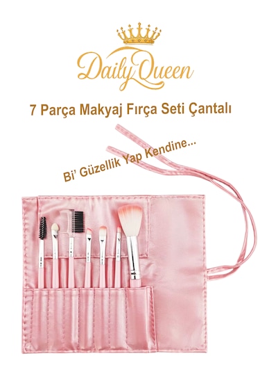Daily Queen 7 Parça Makyaj Fırça Seti Penbe Deri Çantalı Lüx Ve Kaliteli