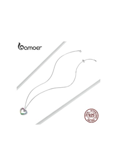 Bamoer 925 Ayar Gümüş Gökkuşağı Renkli Kalp Desen Aşk Göz Kamaştırıcı Zirkon Kolye Zincir Bağlantı Kadınlar Takı İçin