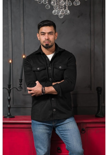 Advante Slimfit Çift Kapak Cepli Astarsız Kaşe Gömlek Siyah