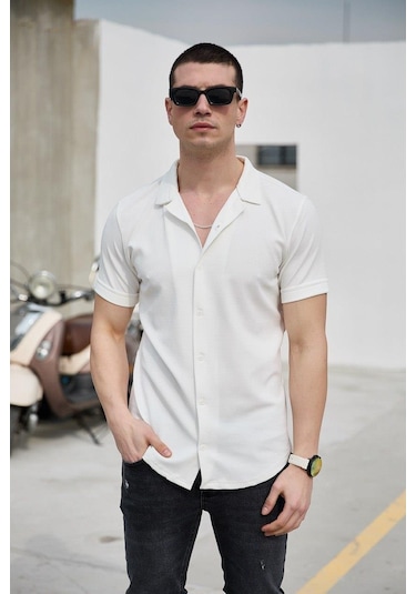 Beyaz Renk Dokulu Kısa Kol Erkek Gömlek-1585 Beyaz