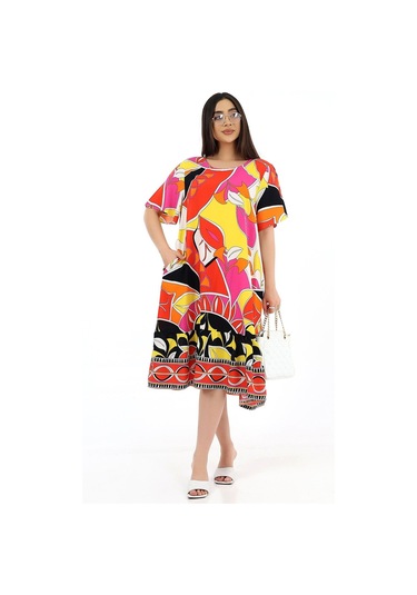 Schık Kadın Viskon Yarım Kol O Yaka Cepli Fırfırlı Elbise Orange Orange