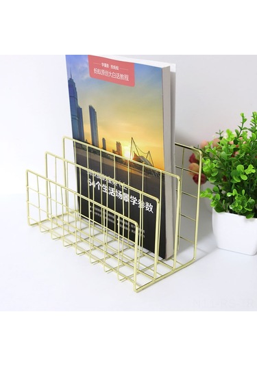 Reedark Altın Renkli Metal Kitaplık - 3 Bölmeli Ev Ofis Masaüstü Organizer - Dayanıklı Demir Raf - Dekoratif Belge Depolama Aracı Altın