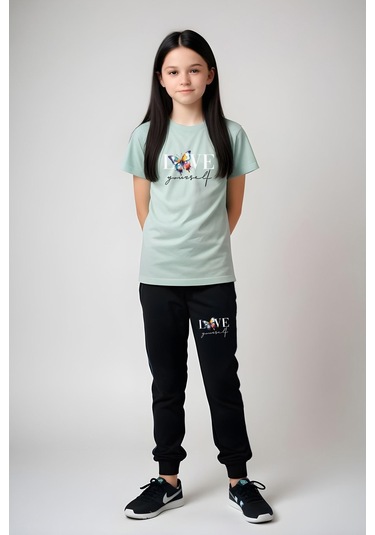 Fyk Kids Kız Çocuk Baskılı Love Your Self Bel Detayı Lastikli Alt-üst Takım Mint Yeşil Mint Yeşili