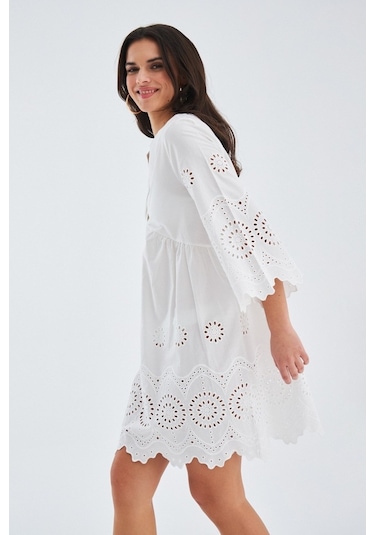 Peraluna Hiromi Dress %100 Pamuk 3/4 Kol Diz Hizası Yazlık Kadın Beyaz