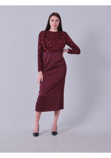 Feminist Bordo Üst Pul Payet İşlemeli Altı Krep Tesettür Abiye 6502503.04