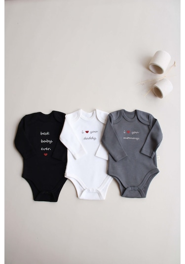 3lü Nakışlı Çıt Çıtlı Uzun Kollu Body Zıbın Set Model 7 Siyah