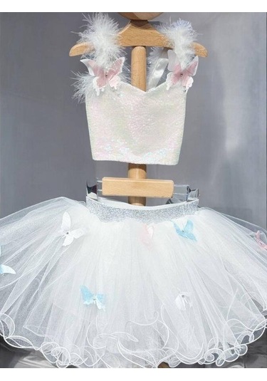 Kız Çocuk Kelebek Desenli Pullu Croplu Tütü Etekli Takım-15462 Beyaz