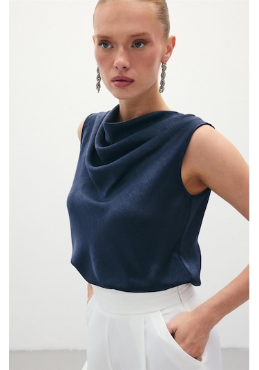 Sateen Degaje Yaka Saten Bluz - Lacivert-136071 Lacivert