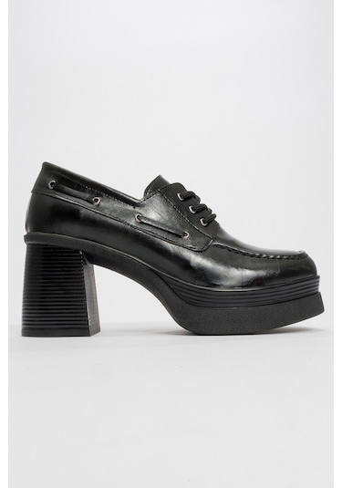 Dudley Siyah Cilt Bağcıklı Kadın Platform Topuklu Ayakkabı Siyah-2