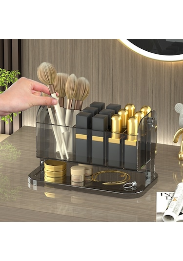 Cbtx Pet Ruj Saklama Kutusu Çok Izgaralı Tuvalet Masası Makyaj Fırçası Dudak Sır Şeffaf Organizatör - Şeffaf Gri