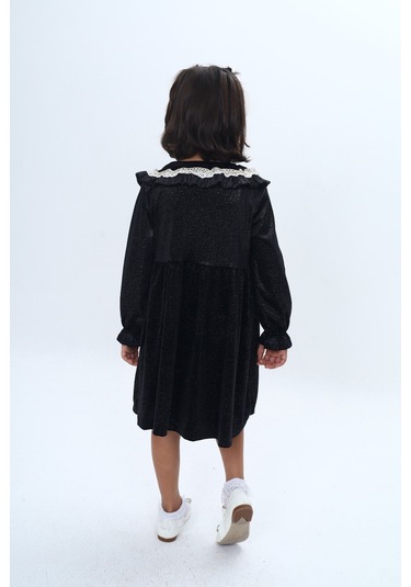 Toontoy Kız Çocuk Yaka Detaylı Fırfırlı Elbise Siyah