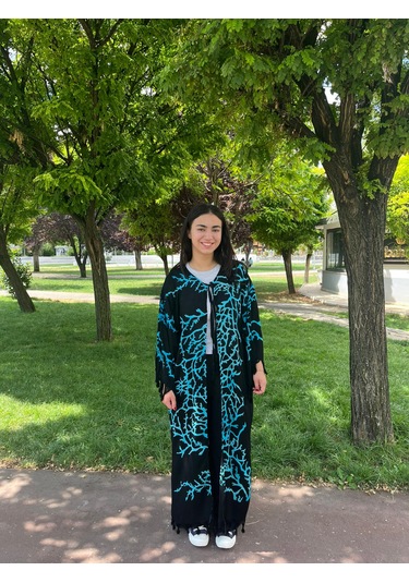 Turkuaz Dallı Desenli Siyah Bağlamalı Salaş Kimono Kaftan - Standart Beden Turkuaz