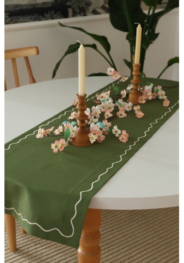 Yakacihome Florina Yeşil 4amerikanservis,1runner,4peçete, 4peçetehalkası Duck Keten Yıkanabilir Leke Tutmaz Set Haki