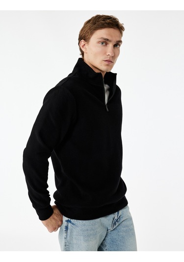 Koton Uzun Kollu Ribanalı Yarım Fermuarlı Sweatshirt Siyah 6wam70096mk Siyah