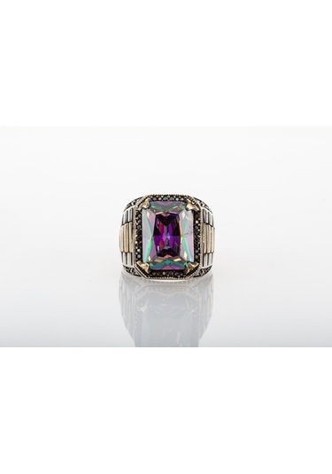 Gümüş Mistik Topaz Taşlı Saat Kordon Model Erkek Yüzük